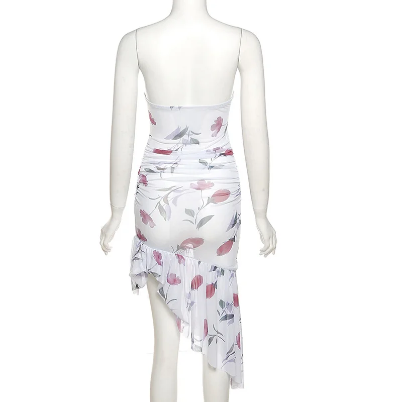 

Mesh Sheer Woman Vintage Floral Print V Neck Irregular Split Dress Female Female Elegant Sleeveless Perspective Vestidos