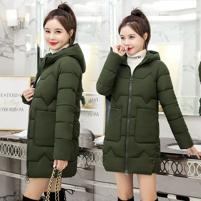 ArmyGreen Зимняя женская куртка с капюшоном, пальто, свободные парки, толстое хлопковое пальто средней длины, женская повседневная куртка, студенческое пальто, Теплые Топы 3XL - Цвет: ArmyGreen