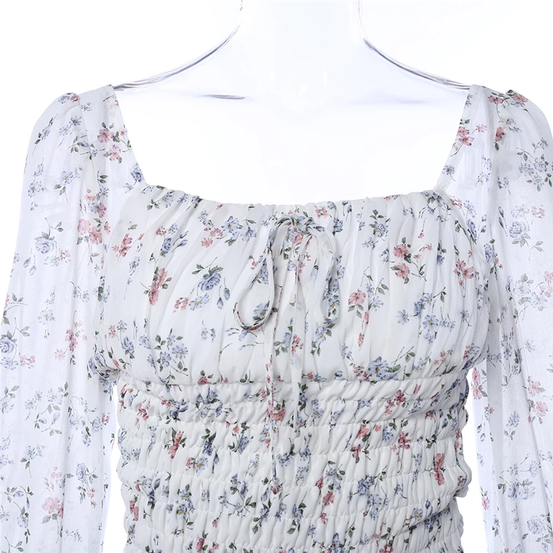 

Sukibandra Autumn Long Sleeve White Floral Print Vintage Ruffle Chiffon Dress for Women Elegant Backless Summer Ruched Dress