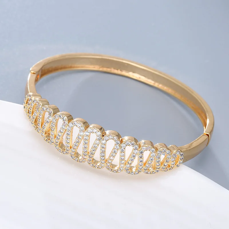 

Luxury Cubic Zirconia Solid Gold Color Women Wedding Party Bangle Bracelet and Rings Sets Bridal Costume Jewelry