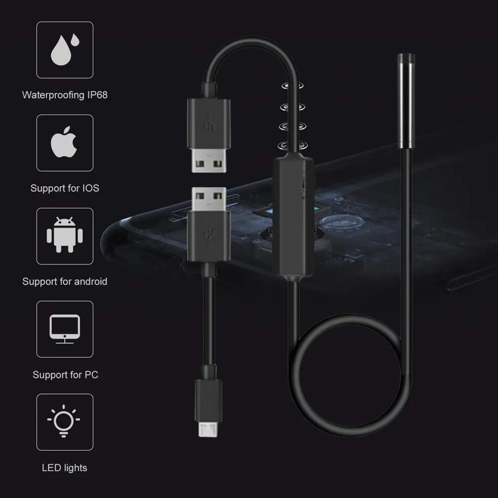 OUTAD беспроводной Эндоскоп 2MP HD1200P Wifi USB бороскоп Водонепроницаемая Инспекционная камера полужесткая Гибкая змеиная камера 5 метров