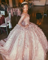 amazing rose gold long sleeves 3d flower quinceanera prom dress ball gown beaded illusion evening formal gowns sweet 16 vestidos