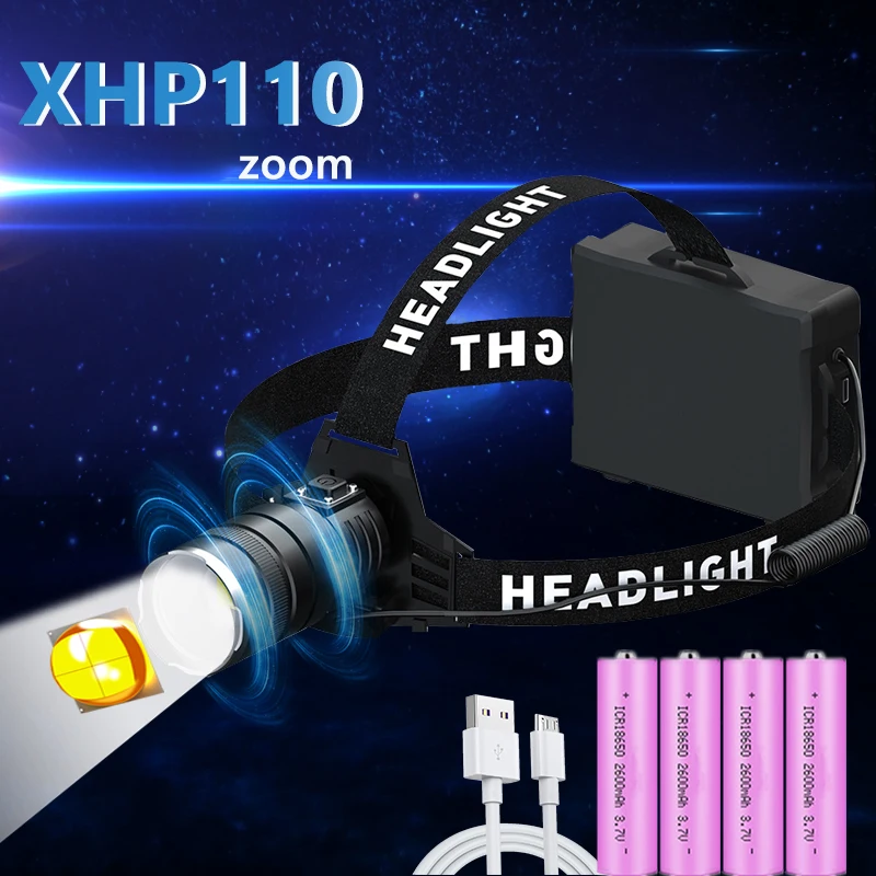 

10400MAH XHP110 4CORE LED Headlamps USB Rechargeable Zoom Headlights Waterproof Camping Fishing Flashlight 18650 XHP50 V6 T6 LED