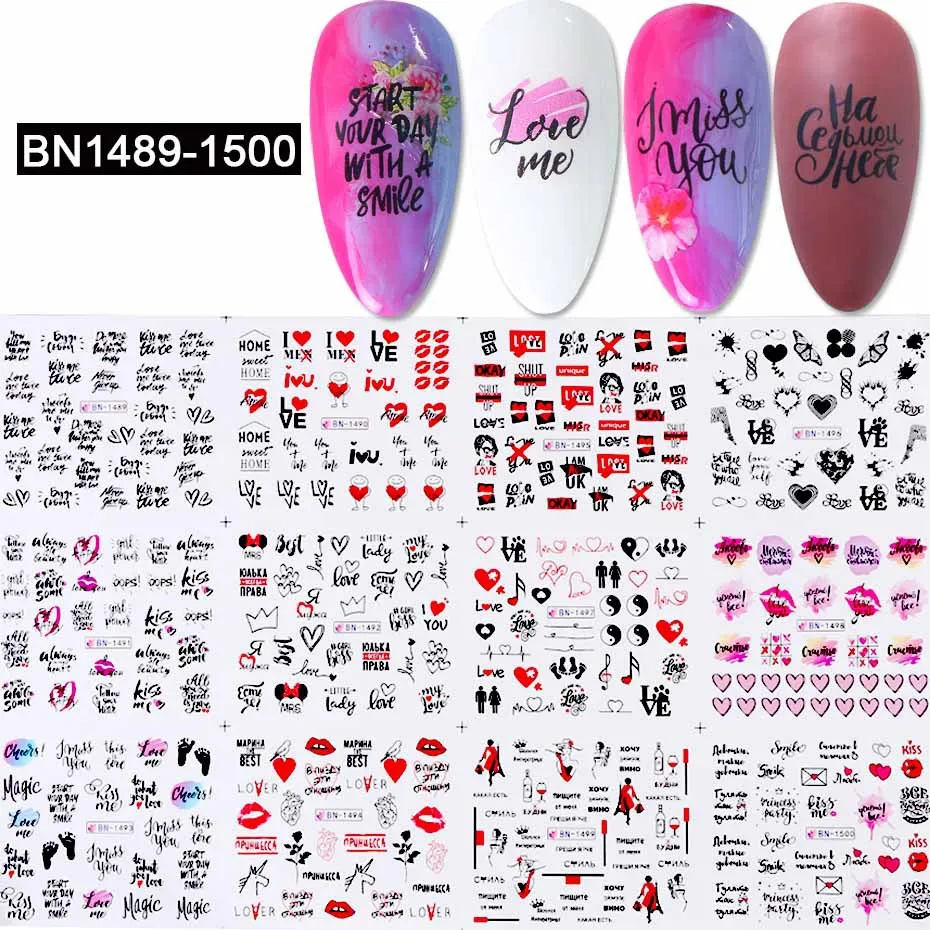 

12/120pcs Valentines Manicure Love Letter Flower Sliders for Nails Inscriptions Nail Art Decoration Water Sticker for Christmas