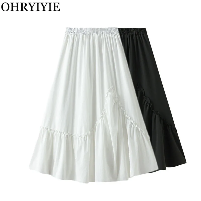 

OHRYIYIE White Black Summer Skirt Female 2021 Ruffles A-line Skirt Women Korean Style High Waist Midi Long Pleated Skirt Lady