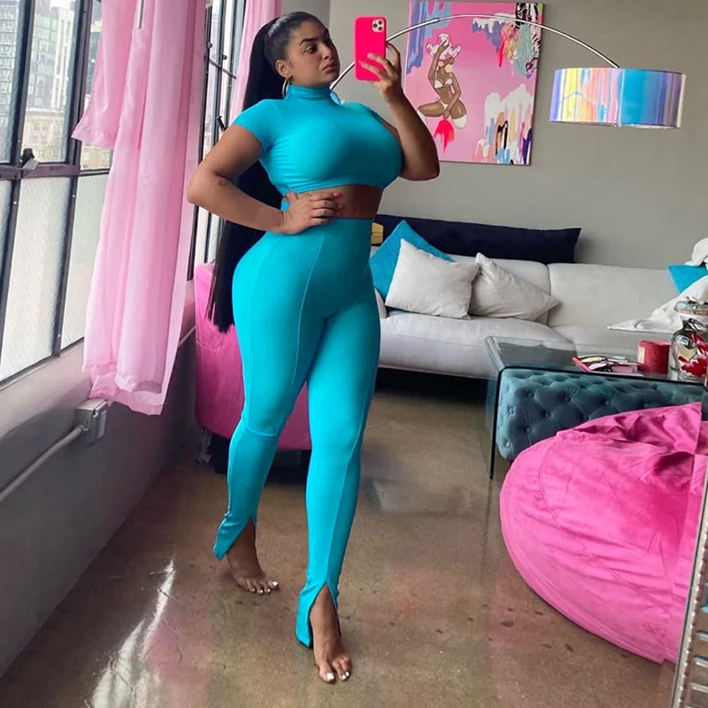 

Tracksuit Women Blue Workout Two Piece Set Short Sleeve Crop Top Turtleneck Leggings Sporty Skinny Casual Streetwear Outfits