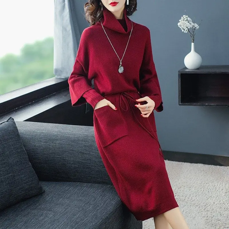 

French Irregular Dress Female Autumn Winter Knitted Long Sweater Skirt Over The Knee Long Winter Skirt New Women Thickened