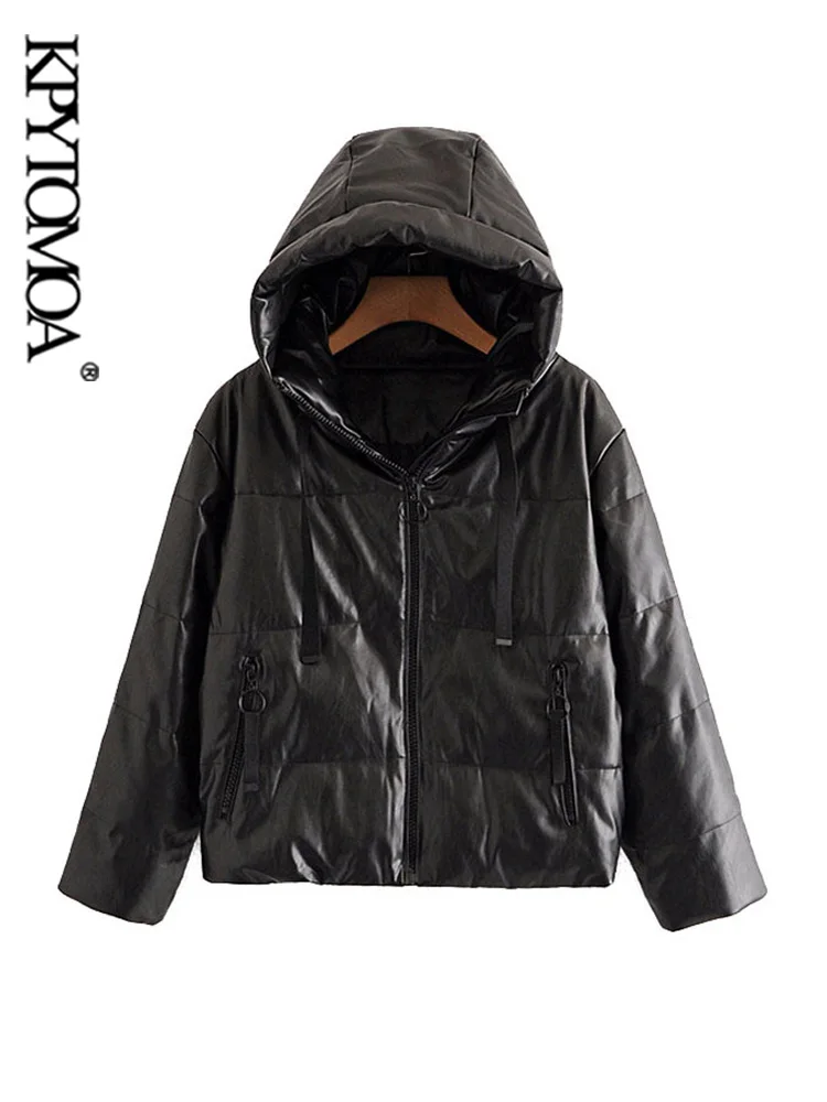 KPYTOMOA Women Fashion Thick Warm Faux Leather Padded Jacket Coat Vintage Long Sleeve Oversized Parka Female Outerwear Chic Tops