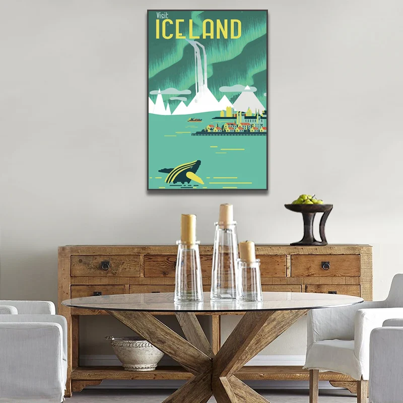 

Vintage Travel Poster and Print Canvas Painting of Iceland reykjavik Northern Light Landscape Wall Picture Home Decoration