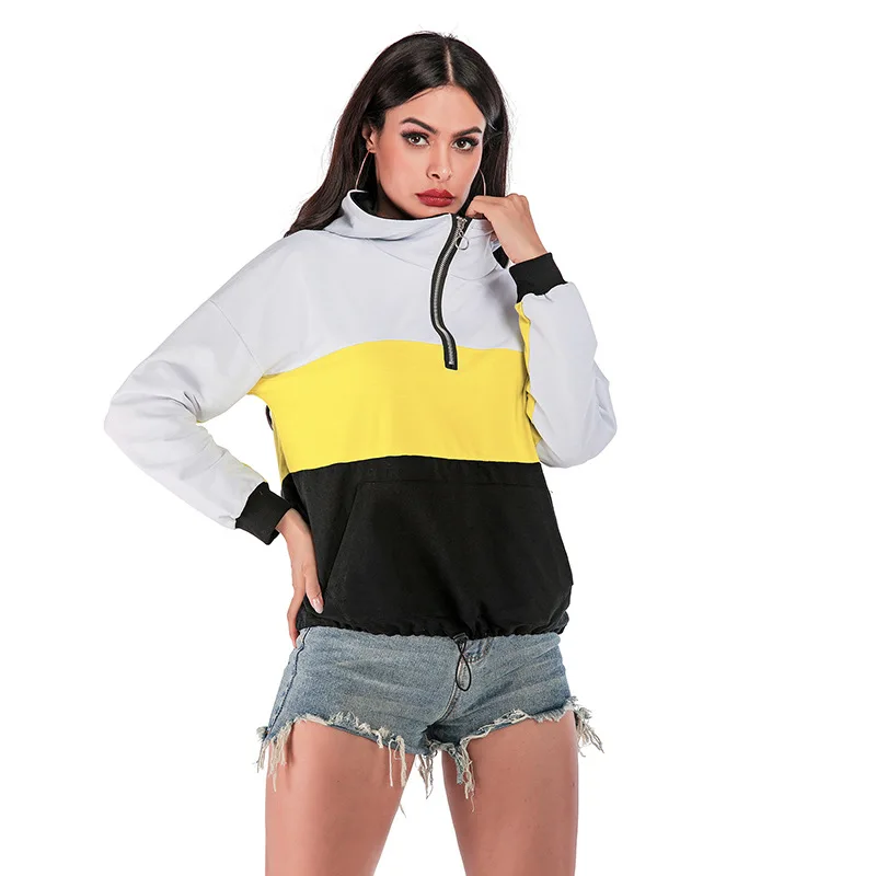 

2021 Woman Zipper High Quality Contrast Color Long Sleeve Sweatshirts Yellow Black Pullovers for Spring and Autumn