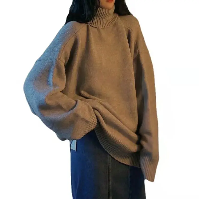 

2021 New Winter Warm Retro High Collar Medium Length Wide Long Sleeve Loose Style Sweater Female Student Multi Function Leisure