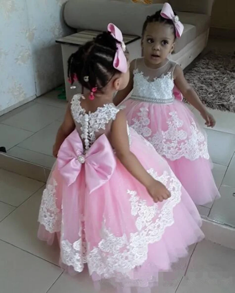 

pink flower girls dresses with sheer neck lace applique girl's pageant dress with bow sash buttons back first communion Gown