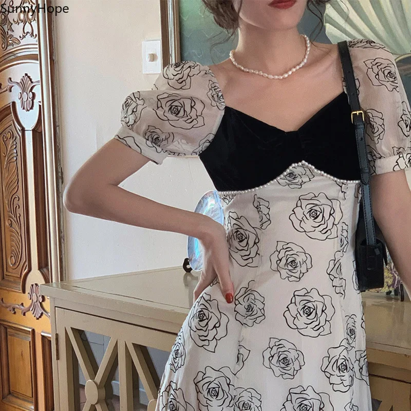 

Skirt temperament French square neck floral puff sleeve dress long summer dress 2021 new female