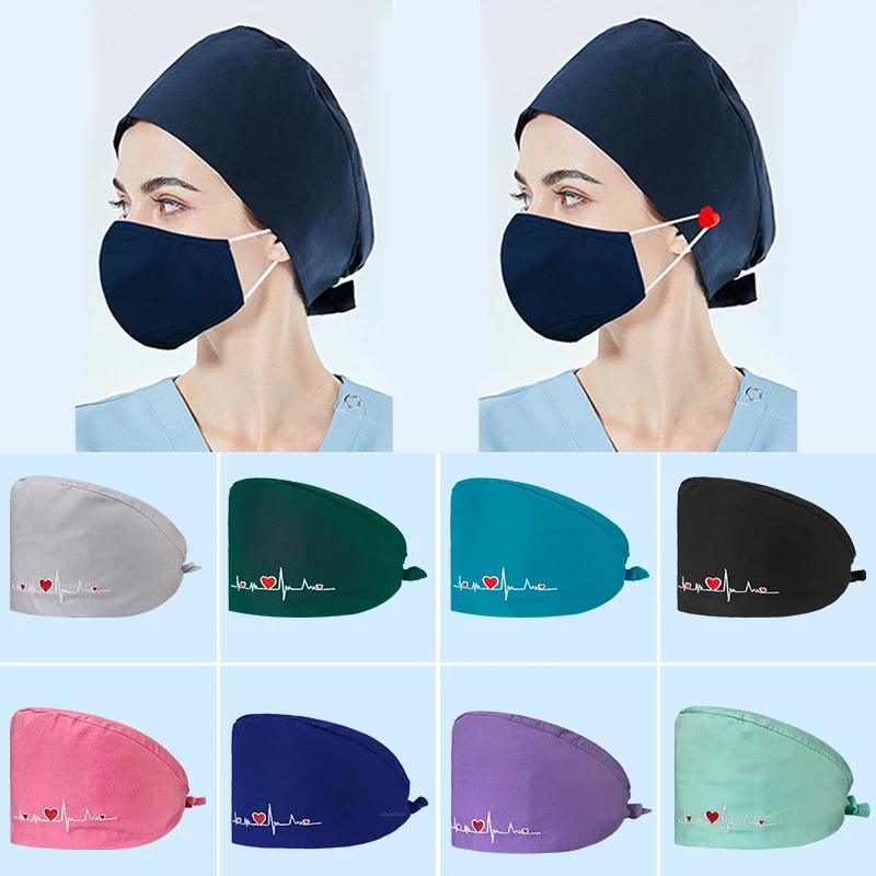 

New Doctor Nurse Hats with Heart Shape Buttons Adjustable Embroidery Women Unisex Cotton Beauty Care Work Lab Pet Surgical Cap