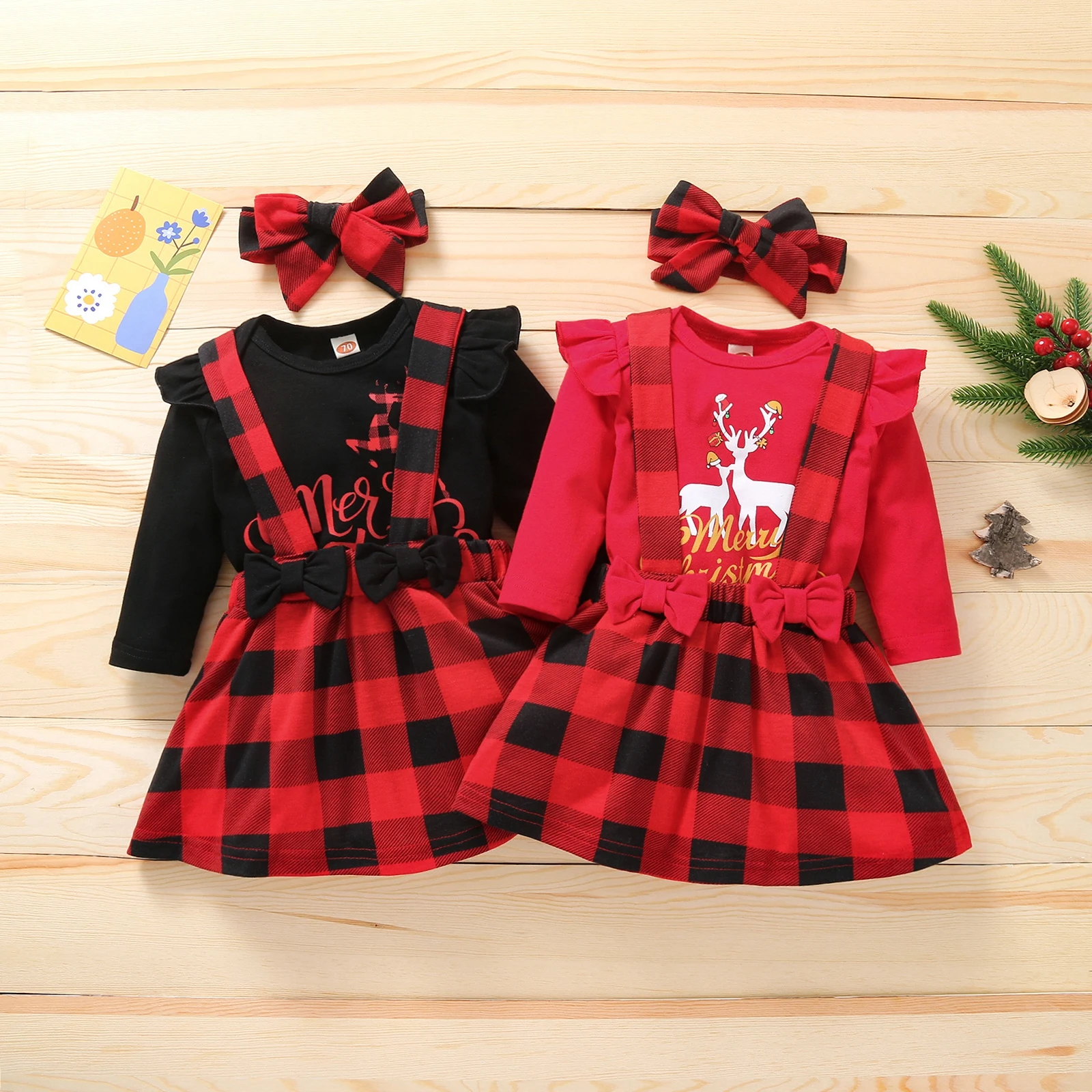 

3pcs Baby Christams Suit Set Cartoon Patterns O-Neck Long Sleeve Romper Plaid Suspender Skirt Headband Xmas Costume 0-18 Months