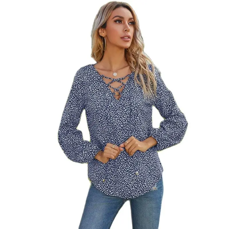 

2021 Осенняя шифоновая куртка в горошек с V-образным вырезом, свободная рубашка с длинным рукавом Miss