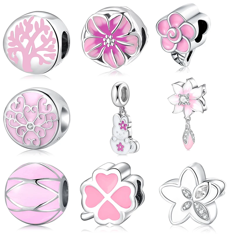 

New 925 Sterling Silver Pink and White Enamel Flowers Beads Fit Charm Bracelet Necklace Pendant Elegant Jewelry Gift