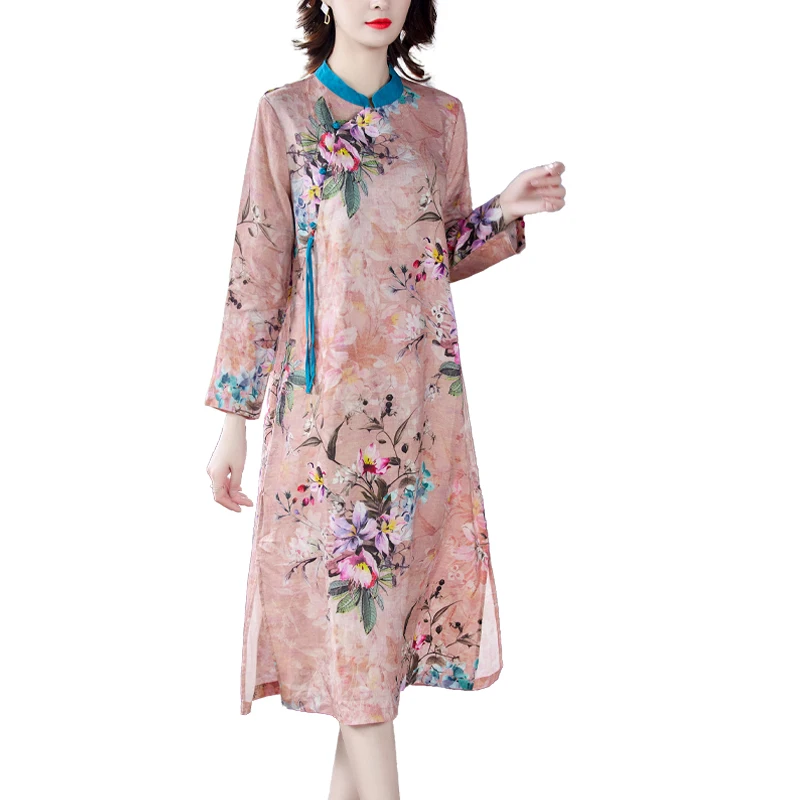 

LUKAXSIKAX 2021 New Spring Autumn Women Cotton Linen Dress Chinese Style Retro Flowers Print Improved Cheongsam Dress