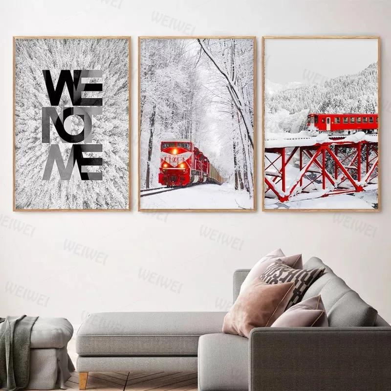 

Red Train Snow Forest Landscape Wall Art Canvas Painting Nordic Winter Natural Scenery Poster Cuadros for Living Room Home Decor