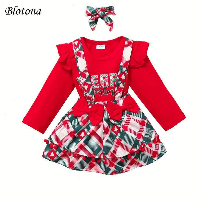 

Blotona Baby Girls Xmas Three Piece Suit Christmas Print Long Sleeve Romper and Bow Suspender Skirt & Headband 0-18Months