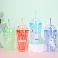korean flamingo straw cup drinkware student creative broken ice double plastic mug refrigeration beverage water cup wholesale