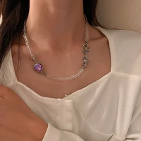 mengjiqiao 2021 trendy purple heart crystal beads choker for women girls fashion metal bowknot necklace party jewelry