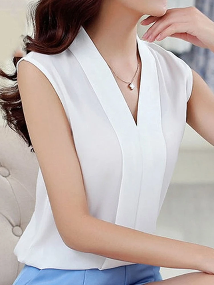 Blusa de chifón sin mangas para mujer, camisa blanca para oficina, maglia,  talla grande, 2022|Camisa| - AliExpress