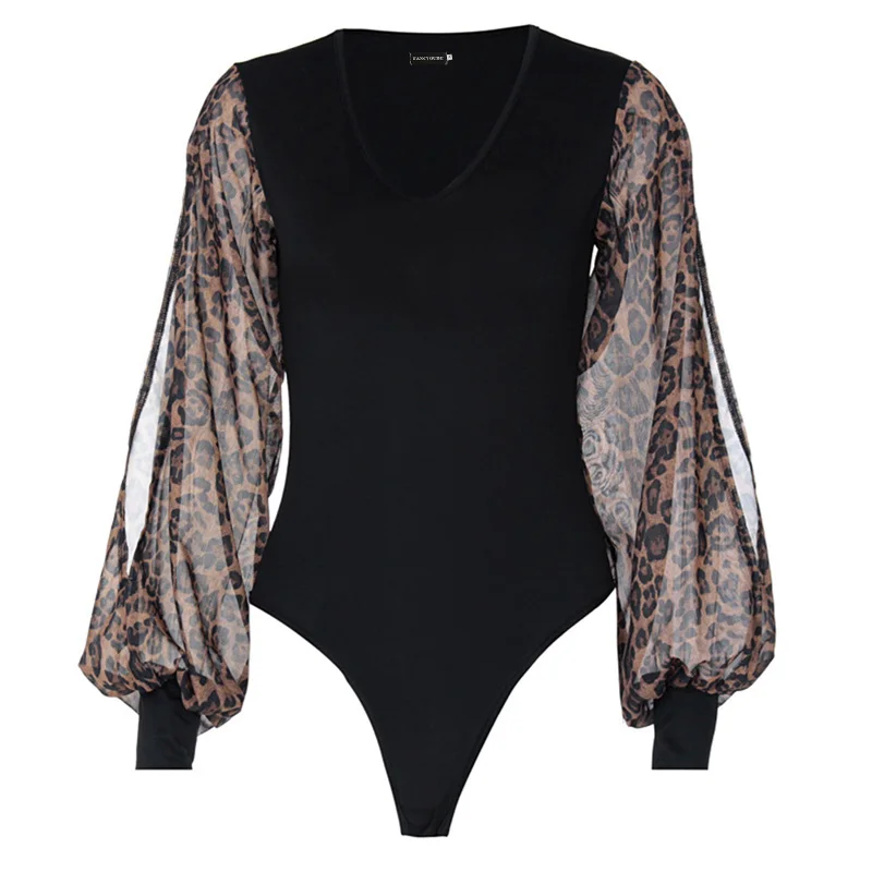 

Casual Leopard Slit Long Puff Sleeves V-Neck Sexy Bodycon Bodysuit Summer Women Fashion Streetwear Outfits Stretchy Rompe