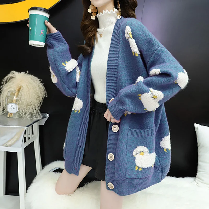 

Women'S Autumn Cardigan Sweater Cute Cartoon Sheep Print Ladies Sweet Jacket 2020 Winter New Knit Kawaii Loose Sweater Coat Cute