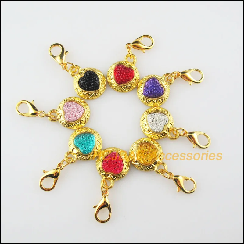 

8 New Heart Mixed Charms Stone Flower Pendants With Lobster Claw Clasps Gold Color 13x16mm