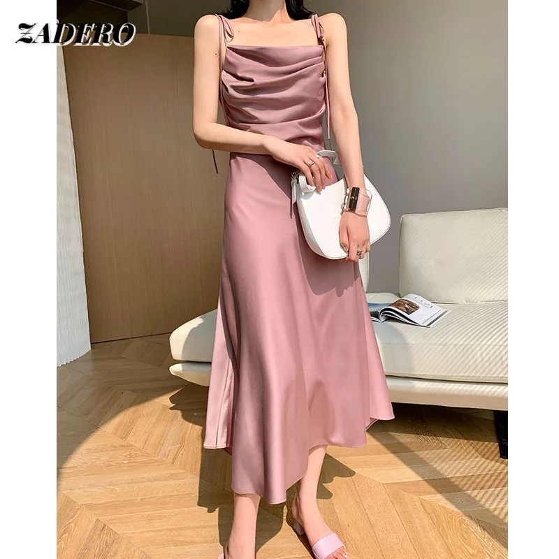 

Satin Dress for Women 2021 Sexy Backless Tie Up Spaghetti Strap Cowl Neck A Line Long Dress Midi Robe Femme Summer Dress