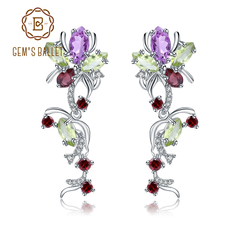 

GEM'S BALLET Flower Multicolor Natural Peridot Amethyst Garnet 925 Sterling Silver Vintage Drop Earrings for Women Fine Jewelry