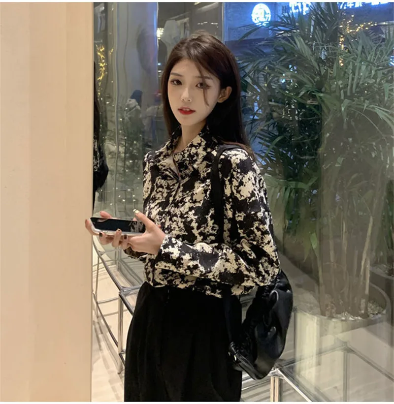 

Женская винтажная блузка с отложным воротником, длинным рукавом и цветочным принтом