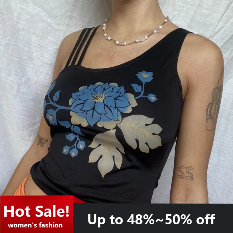 

Single Shoulder Slim Sleeveless Floral Vintage Print Sexy Crop Top Women Fashion Streetwear Outfits Camis Y2K Hollow Out Tees