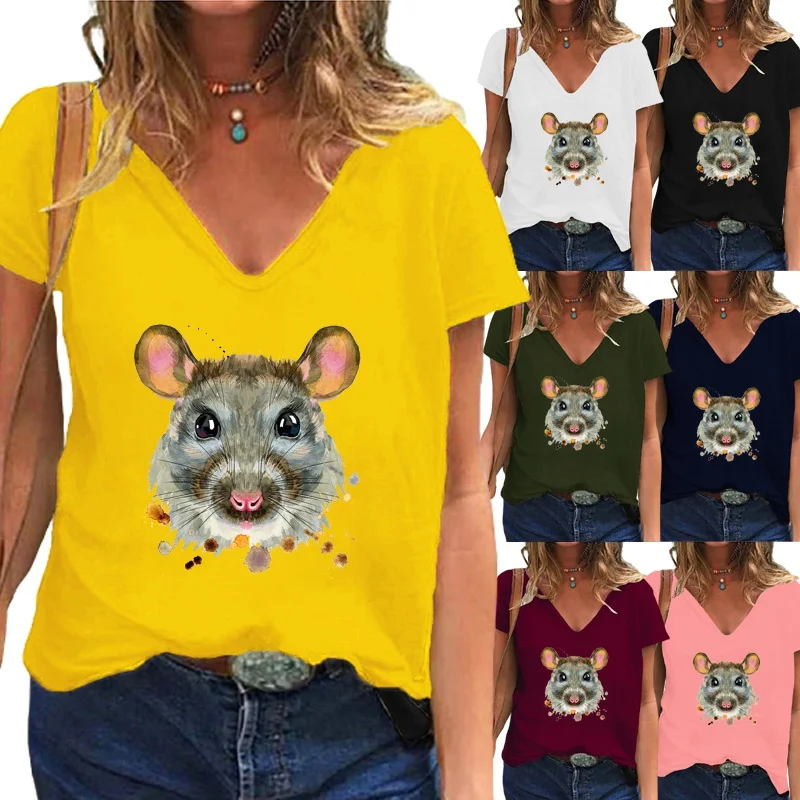 

Women's New Summer Fashion Cartoon Printed T-shirt Casual Short-sleeved Deep V-neck T-shirt Solid Color Pullover Top