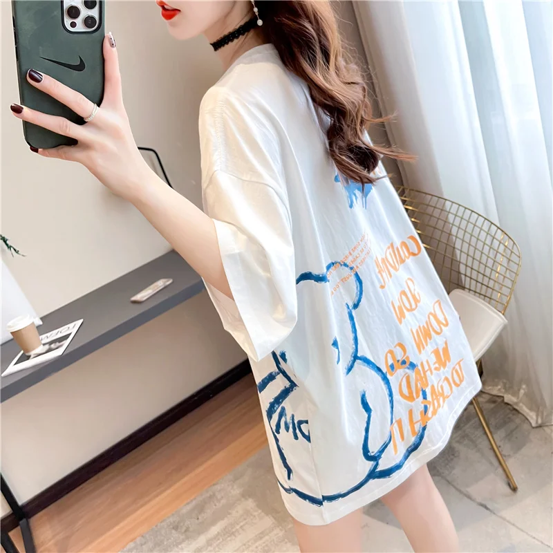 

Houthion Women's T-shirt New Loose Plus Size Casual Fashion T Shirt Mid-length Letters Short Sleeve O-neck Top Summer