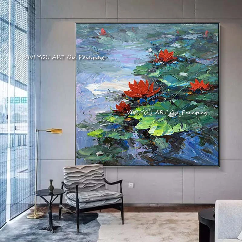 Масляная Настенная картина ручной работы красная водная Лилия лотос синий пруд
