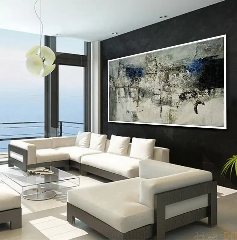 Extra Large Panoramic Modern Abstract Wall Art Hand Painted Black and ...