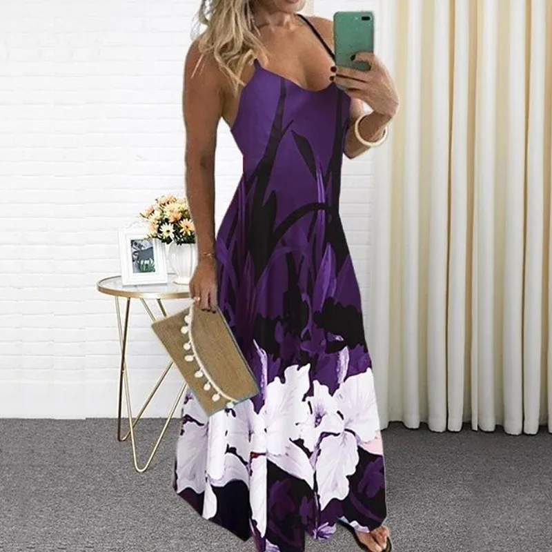 

2021 new summer slim slimming V-neck positioning flower sling big swing dress