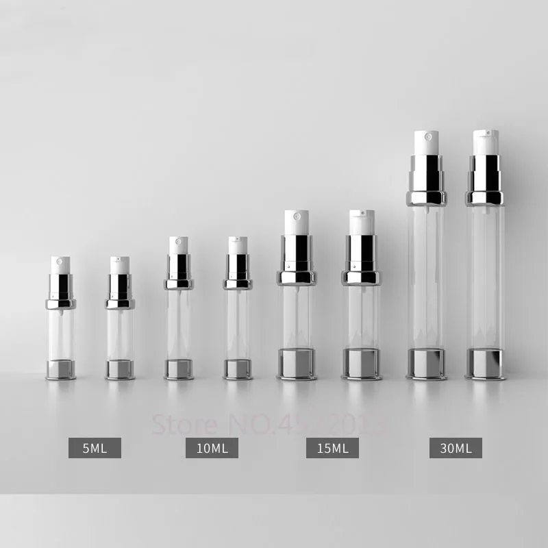 

30pcs/lot 5ml10ml15ml30ml Empty Cosmetic Airless Lotion Bottle, DIY Portable Silver Essence Vacuum Spray Bottle Cosmetic Package