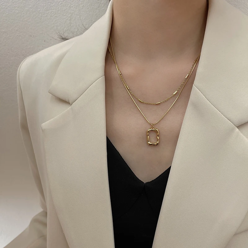 

Trendy Fine Double Layer Square Chain Pendant Necklace for Women Temperament Korean Fashion Jewelry Girl Gift Hot