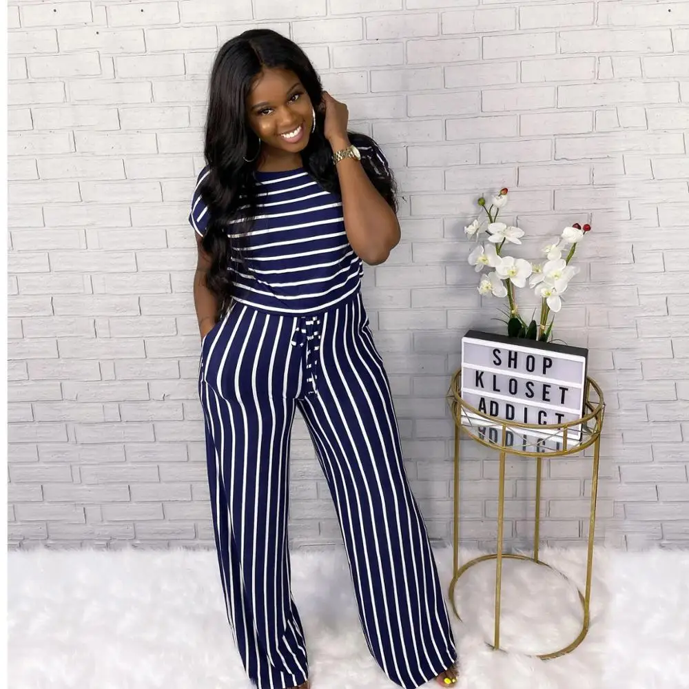 

CN975 Ladies Jumpsuit Casual Stripe Printing Round Neck Short Sleeve Jumpsuit Trousers Fashion Home Street Jumpsuit Women