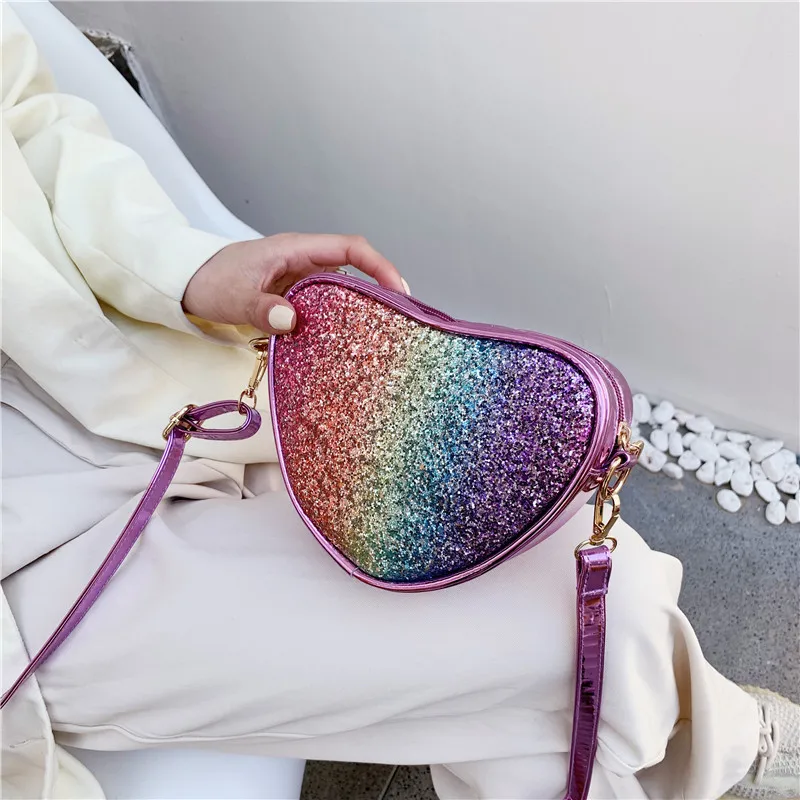 

Fashion funny personality creative laser colorful sequins heart-shaped love pu female trendy messenger bag