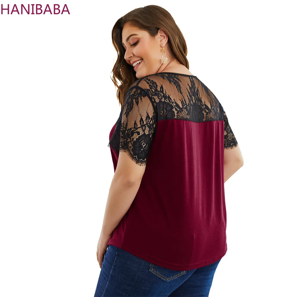 HANIBABA Новая модная футболка Черная ажурная печатная кружевная строчка