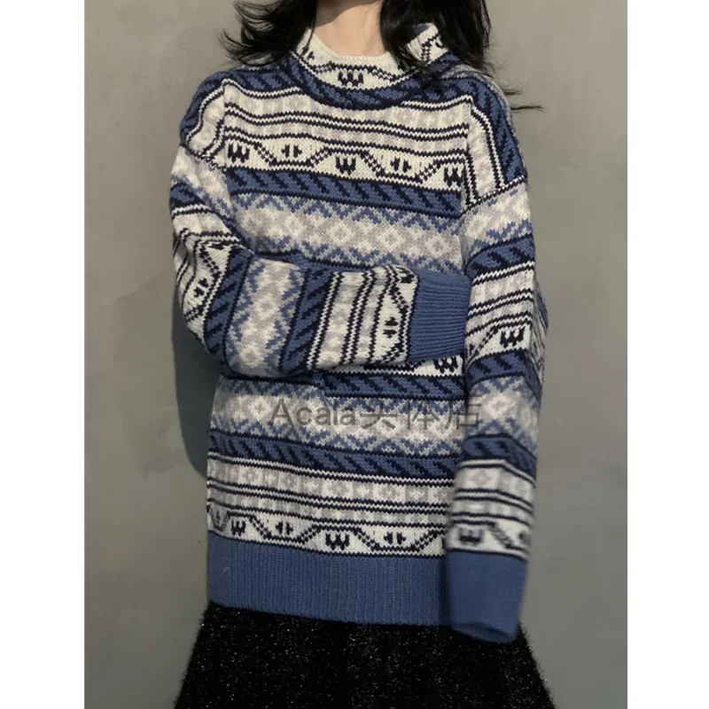 

We11done 20ss Autumn And Winter New Style Retro Blue Jacquard Wool Sweater Loose Knit Sweater Sweater Size S M