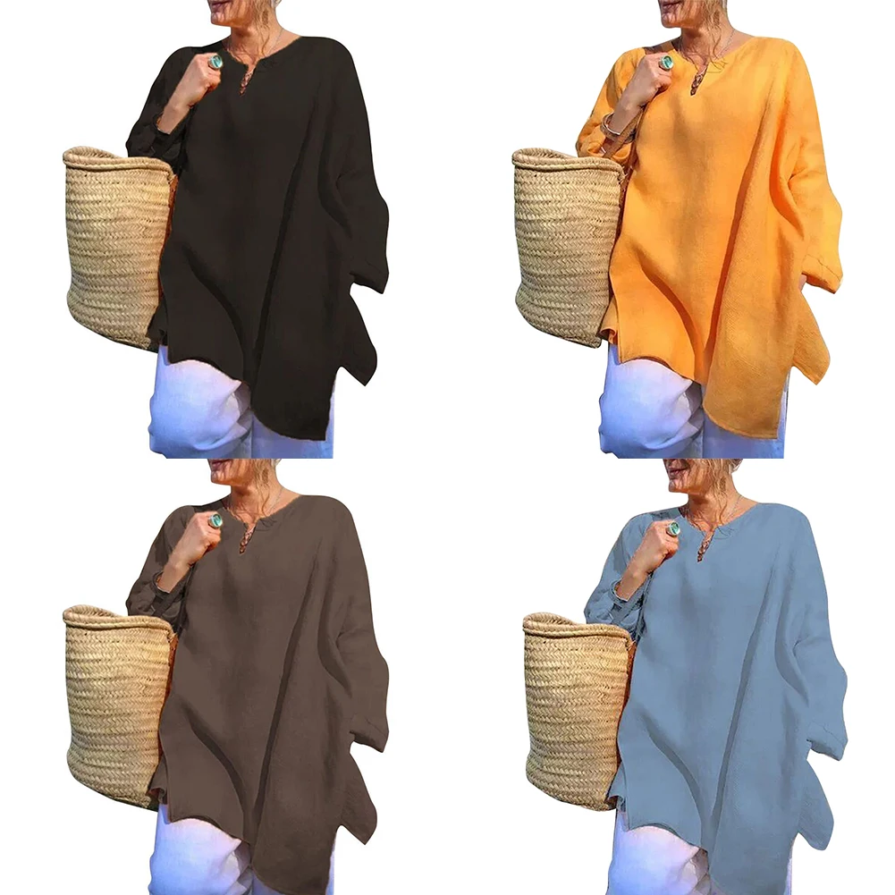 Beach Autumn Linen Women Blouse Plus Size Casual Baggy Irregular Solid Long Sleeve Tops Summer V Neck Holiday Loose |
