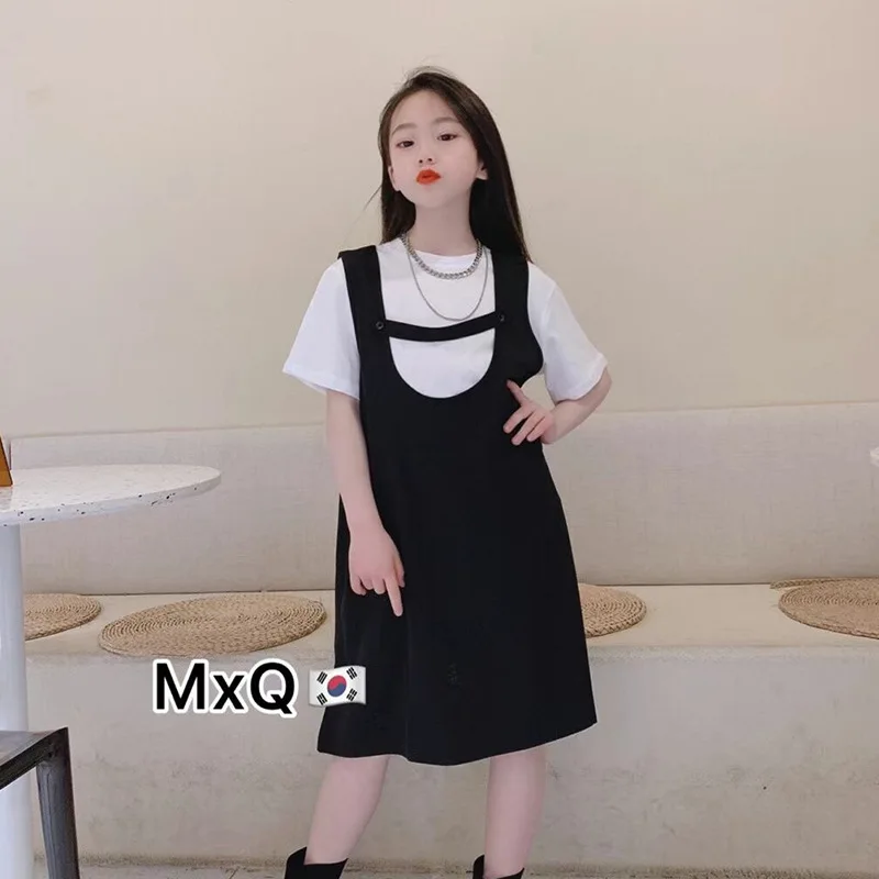 

10 12 years Kids Girls Summer Black Skirts Suits 2021 New Short Sleeve Fashion Clothing Set