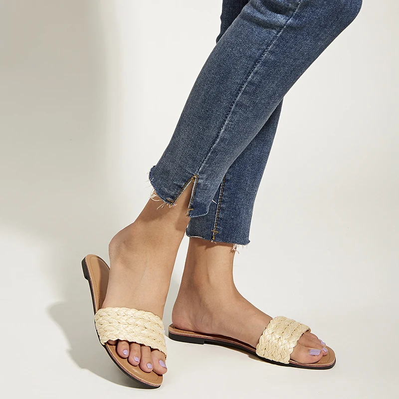 

Slippers Women Sandals 2021 Shallow Cane Woven Peep Toe Low Heel Slides Beach Flat Shoes Summer Footwear Shoes For Women