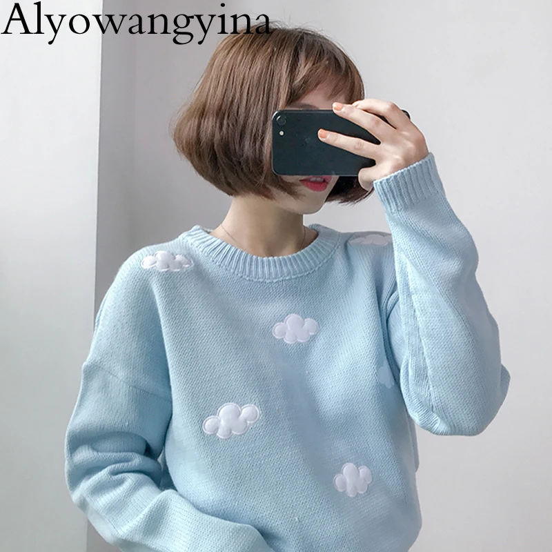 Alyowangyina, пуловеры размера плюс, женский свитер, кавайные топы,, зимние женские свитера, Корейская одежда, милые облака, G526