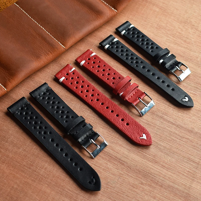 Genuine Leather Watch Strap Porous Breathable Watchband 18mm 20mm 22mm 24mm Handmade Stitching Watch Bracelets Replacement